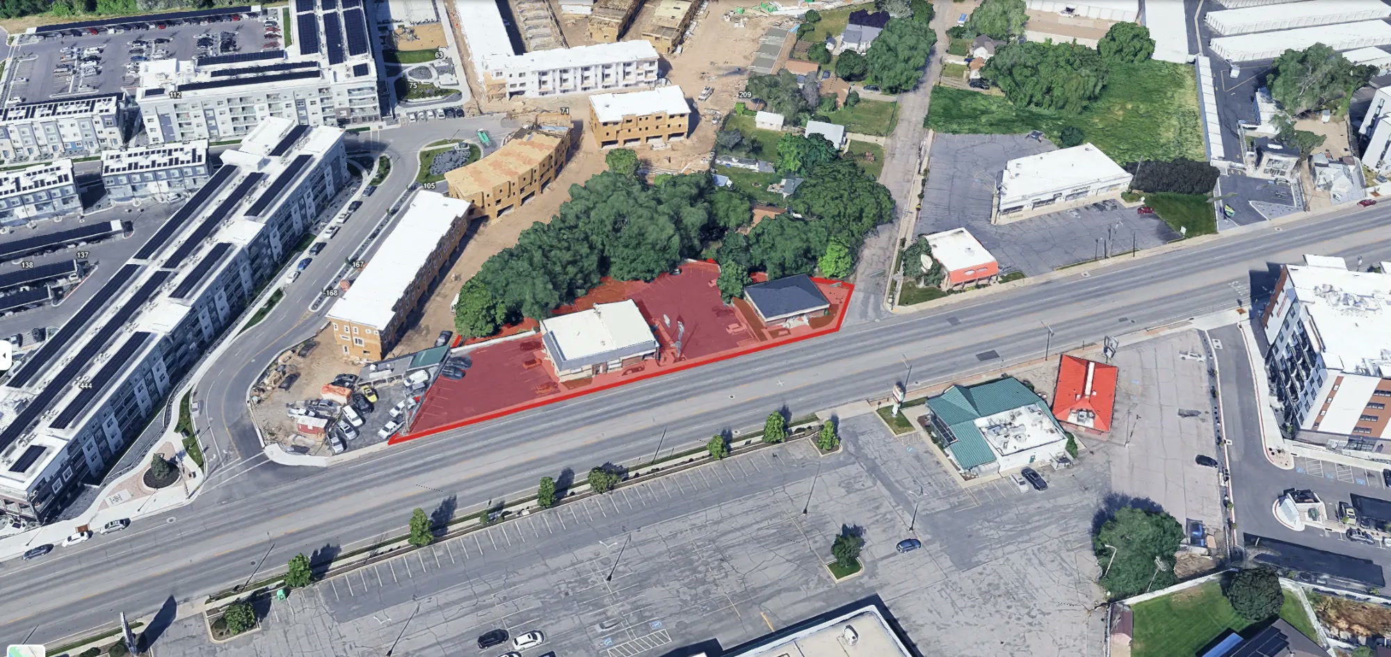Aerial of the subject property outlined on State Street